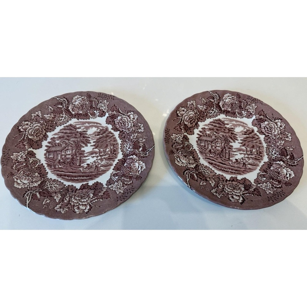 Vintage Wood & Sons Maroon Transferware Salad Plates Lot of 2‎ English Floral